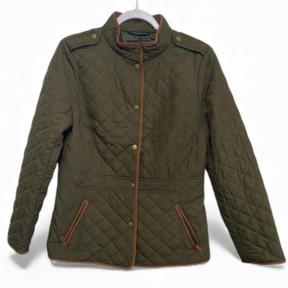 Talbots Quilted Barn Jacket Womens M Olive Green Brown Snap Button Front Pockets - Picture 7 of 7
